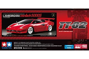 Tamiya TT-02 Lamborghini Countach 5000S RC car kit box art showing the red model and TT-02 chassis details.