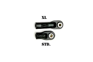 Comparison studio product photo showing an XL rod end next to a standard rod end, both featuring metal pivot balls and the Reefs logo.