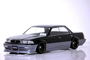 A painted Pandora RC Toyota Mark2 JZX81 drift body shell mounted on an RC chassis against a white background.