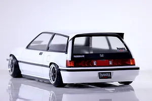 Rear three-quarter view of a white Pandora RC Honda Civic Si drift body shell on a glossy surface.