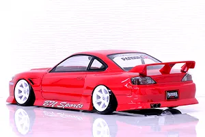 Rear-three-quarter studio view of a red Pandora RC S15 Silvia BN Sports body shell with white wheels and decals.