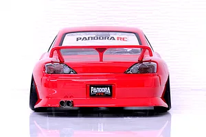 Rear view of a red Pandora RC S15 Silvia drift body shell featuring a rear wing, dual exhaust, and Pandora RC decals.