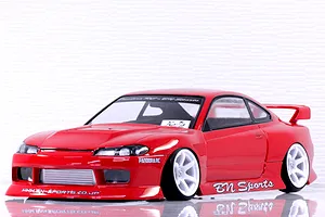 Studio product photo of a red Pandora RC S15 Silvia BN Sports drift RC car body shell on white background