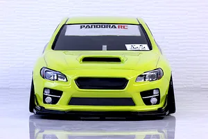 Front view of a lime green Subaru WRX STI RC drift car body shell with Pandora RC windshield branding.