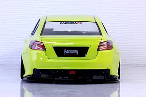 Rear view of a bright yellow RC drift car body shell featuring a black rear diffuser and Pandora RC branding.