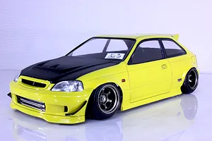 Pandora RC Honda Civic EK9 Type-R 1/10 scale drift RC body shell painted yellow with carbon fiber hood and custom wheels.