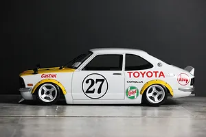Side profile view of a painted Toyota Corolla Levin TE27 RC body shell featuring Castrol racing livery and number 27.