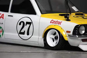 Close-up of the front quarter of a painted Toyota Corolla Levin TE27 RC body shell with Castrol livery and number 27 decals.