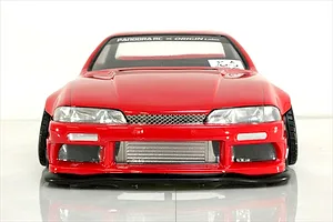 Front view of a red Pandora RC S14 Silvia early model drift car body shell with Origin Labo styling and an intercooler.