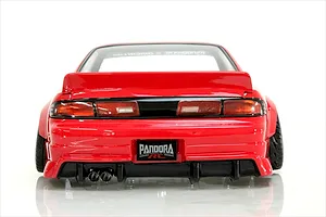 Rear view of a red RC drift car body shell, showing taillights, rear spoiler, dual exhaust pipes, and a Pandora RC license plate against a white background.