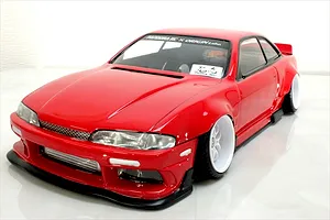 Red S14 Silvia early model RC drift car body shell by Pandora RC with wide fenders and white wheels against a white background.