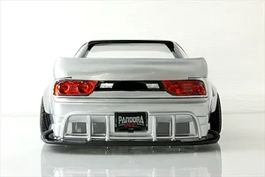 Rear view of a silver RC drift car body shell featuring a detailed rear bumper, diffuser, spoiler, and Pandora RC license plate.