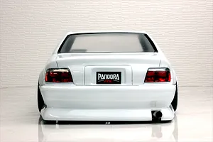 Rear view of a white RC drift car body shell showing tail lights, exhaust pipe, and Pandora RC license plate against a light background.