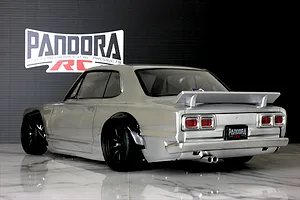Rear three-quarter view of the Pandora RC KPGC10 Skyline HT 2000GT-R body shell painted silver with black fender flares.
