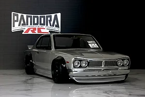 Pandora RC KPGC10 Skyline GT-R Hakosuka RC drift car body shell in silver with black fender flares.