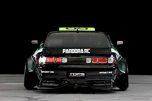 Rear view of a black Pandora RC S14 Silvia remote control drift car featuring wide fenders and sponsor decals.