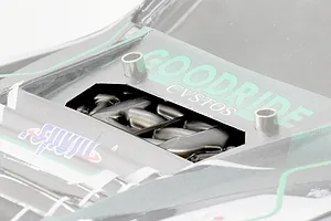 Close-up of a Pandora RC S14 Silvia model car body showing hood vents and sponsor decals against a white background.