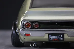 Close-up rear view of Pandora RC KPGC110 Skyline 2000GT-R RC body shell showing taillights and dual exhaust.