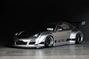 Pandora RC RWB 997 Type silver drift RC car body shell with black accents, wide fenders, and RWB decals.
