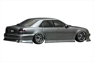Side-rear view of a painted grey RC drift car body shell featuring chrome multi-spoke wheels and BN Sports decals.