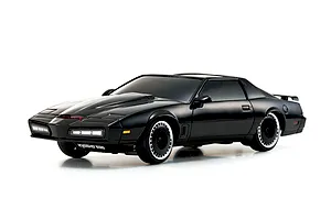 Studio product photo of the Kyosho Mini-Z Knight Rider RC car, featuring a sleek black body and distinctive front scanner light against a white background.