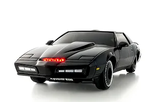 Kyosho Mini-Z Knight Rider RC car in black with illuminated red scanner light on the front grill, presented on a white background.