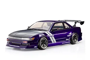 Studio product shot of a purple Kyosho Fazer D2 Nissan S13 Silvia RC drift car with black hood and rear wing.