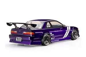Rear-three-quarter view of the Kyosho Fazer D2 Nissan S13 Silvia 1/10 scale RC drift car in purple on a white background.