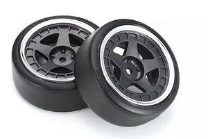 Two black RC drift car wheels with five-spoke rims and silver lips on a white background.
