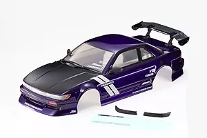 Purple and black Nissan S13 Silvia RC drift car body shell with rear wing and decals on a white background.