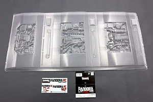 Unpainted clear polycarbonate RC engine set parts sheet by Pandora RC with decals and header card.