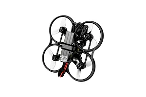 BetaFPV FPV drone with black ducted frame, white propellers, and a secured battery pack on a white background