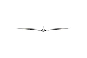 Front view of the E-Flite UMX Conscendo RC glider showing its long wingspan and propeller against a white background.