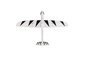 Top down studio view of the E-Flite UMX Conscendo RC glider showing white wings and fuselage with black triangle trim stripes.