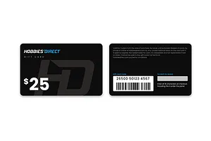 The front and back of the Hobbies Direct $25 gift card, with the barcode and scratch panel on the back.