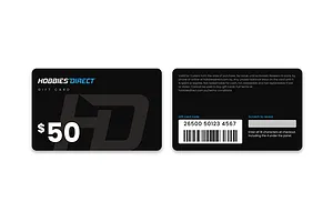 The front and back of the Hobbies Direct $50 gift card, with the barcode and scratch panel on the back.