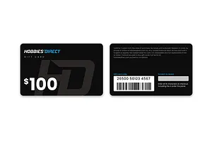 The front and back of the Hobbies Direct $100 gift card, with the barcode and scratch panel on the back.