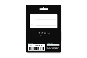 The back of the Hobbies Direct gift card backing card, with To and From fields and the barcode showing below.