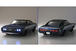 Split view of the front and rear of the blue 1970 Dodge Charger RC car showing illuminated headlights and taillights.