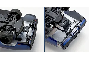 Close-up split view of the front and rear chassis and bumper assemblies of the Kyosho Fazer MK2 1970 Dodge Charger RC car.