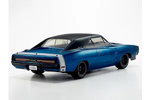 Rear three-quarter studio view of the Kyosho Fazer MK2 1970 Dodge Charger RC car in blue with black wheels.