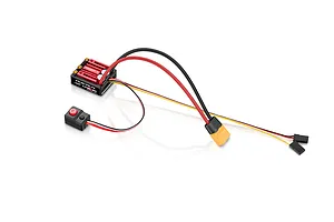 Hobbywing QuicRun WP 10BL80 brushless electronic speed controller with red heatsink, black casing, power wires, XT60 connector, and switch.