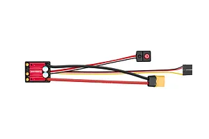 Hobbywing QuicRun brushless electronic speed controller with red heatsink, attached wires, power switch, and XT60 connector.