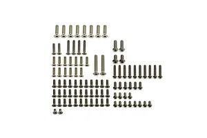Kyosho Inferno MP10 complete titanium screw set laid out neatly on a clean white background.