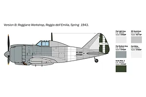 Painting guide diagram showing side profile and paint color swatches for Version B of the Reggiane Re.2002 model kit.