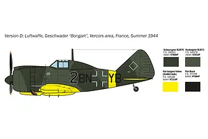 Profile illustration showing camouflage paint scheme and markings for Version D of the Italeri Reggiane Re.2002 model kit, including color swatches.