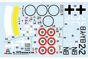 A sheet of waterslide model decals for the Italeri 1/72 Reggiane Re.2002 model kit, featuring Italian and German markings.