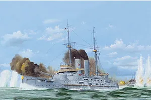 Painted box art of the I Love Kit 1/200 Mikasa 1905 Battleship model kit firing its cannons at sea.