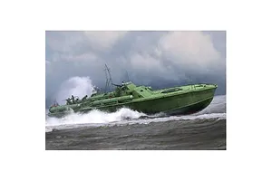 A painted model of an Elco 80 foot motor patrol torpedo boat cutting through choppy water under a cloudy sky.