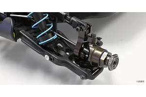 Kyosho aluminium steering hub carrier installed on the front suspension of an RC model car.